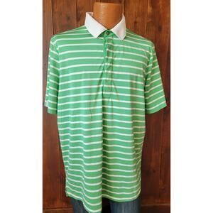 RLX Ralph Lauren Men XL Green White Stripe Performance Polo Shirt Casual Stretch